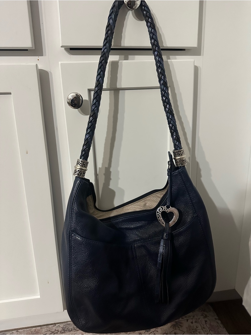 Brighton Navy Braided-Handle Leather Hobo with Heart Charm